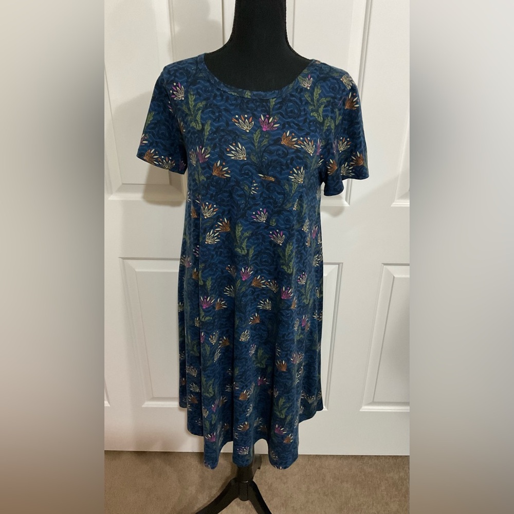 LuLaRoe Navy Floral Midi Dress with Pink & Green Accents